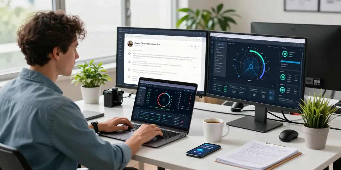 快连 network expert analyzing performance metrics in a vibrant modern workspace with dual monitors and a laptop, showcasing productivity and innovation.