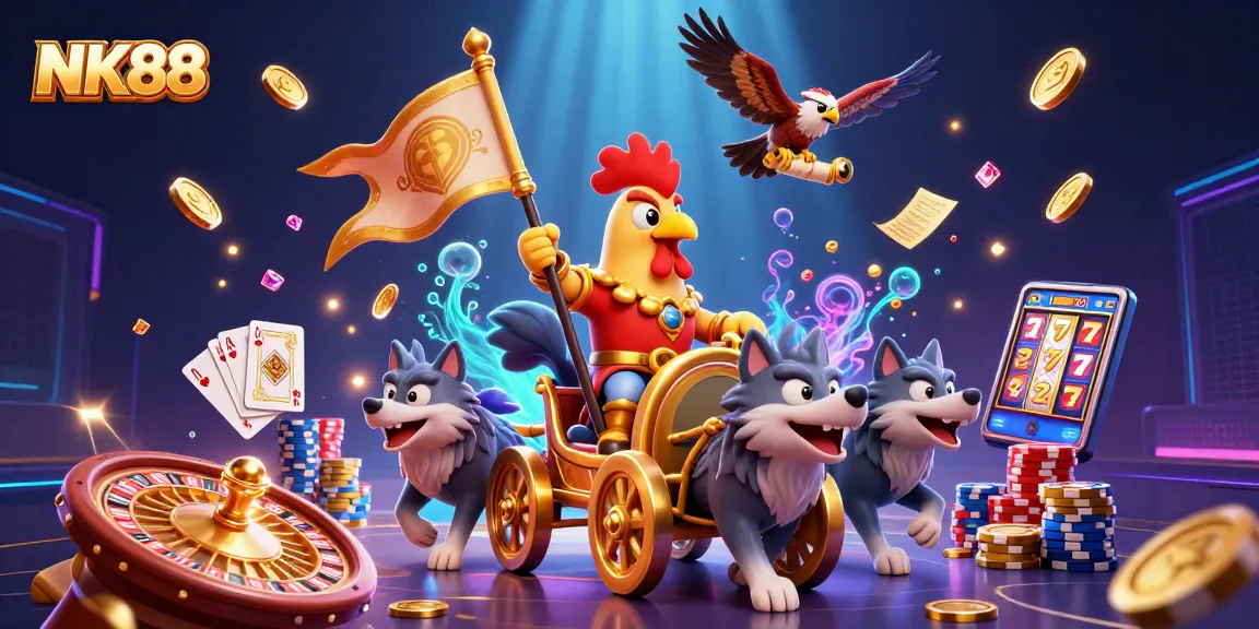 Experience thrilling gameplay at NK88 with a war chariot, golden coins, and spinning roulette.