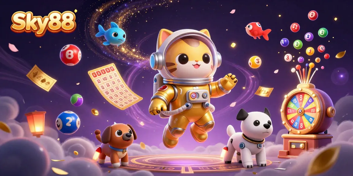 Experience exciting gameplay with Sky88 as colorful lottery balls bounce in a vibrant casino scene.
