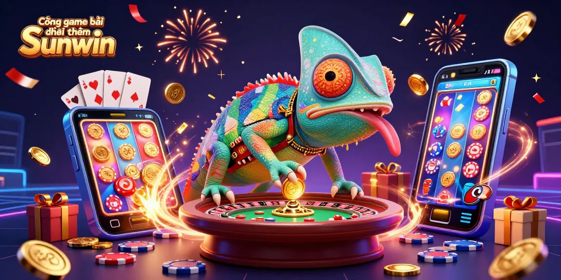 Cổng game bài đổi thưởng Sunwin showcases a vibrant scene with a chameleon casino owner capturing golden coins amidst slot games and festive elements.