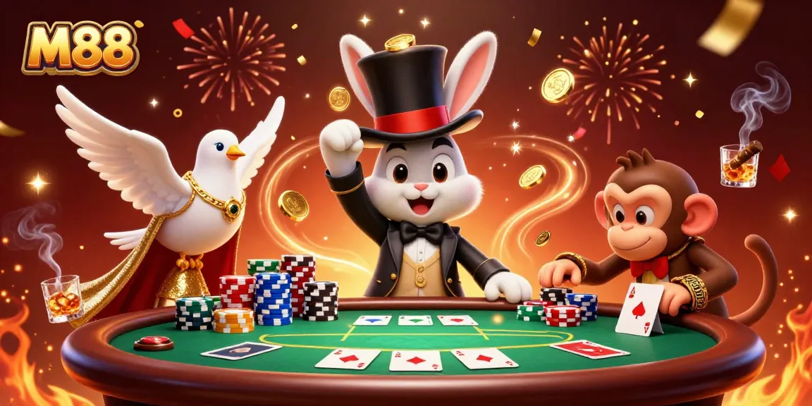 Experience M88's vibrant casino scene with a magician, dove, and monkey amidst poker excitement!