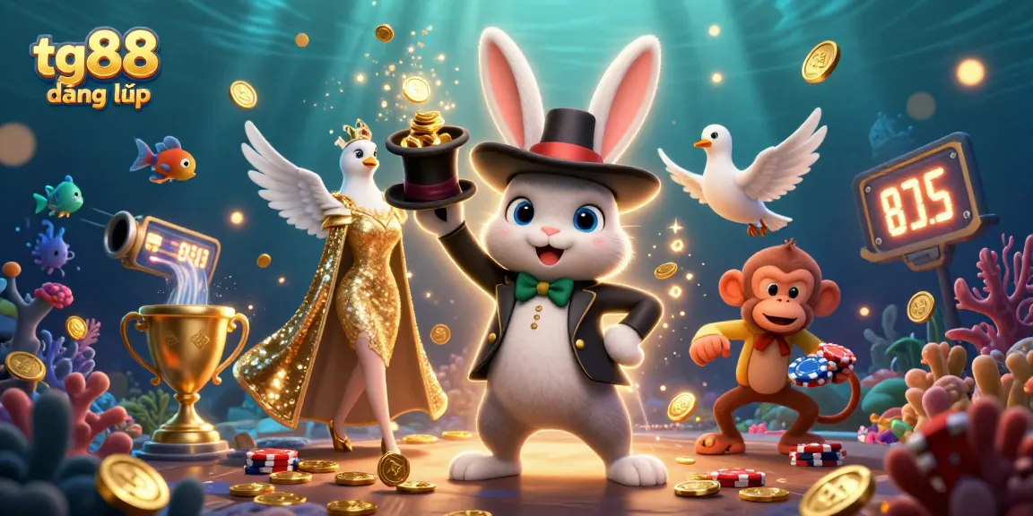 Engage with tg88 đăng nhập to win big while the magician rabbit pulls golden coins and fun casino elements surround players.