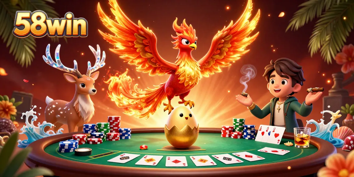 Experience the thrill of 58win with a captivating scene of phoenixes and poker elements.