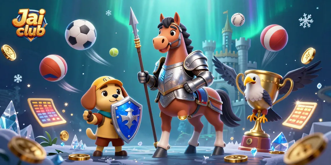 Experience gaming thrill at Jai club with vibrant 3D illustration featuring knights and sports balls.