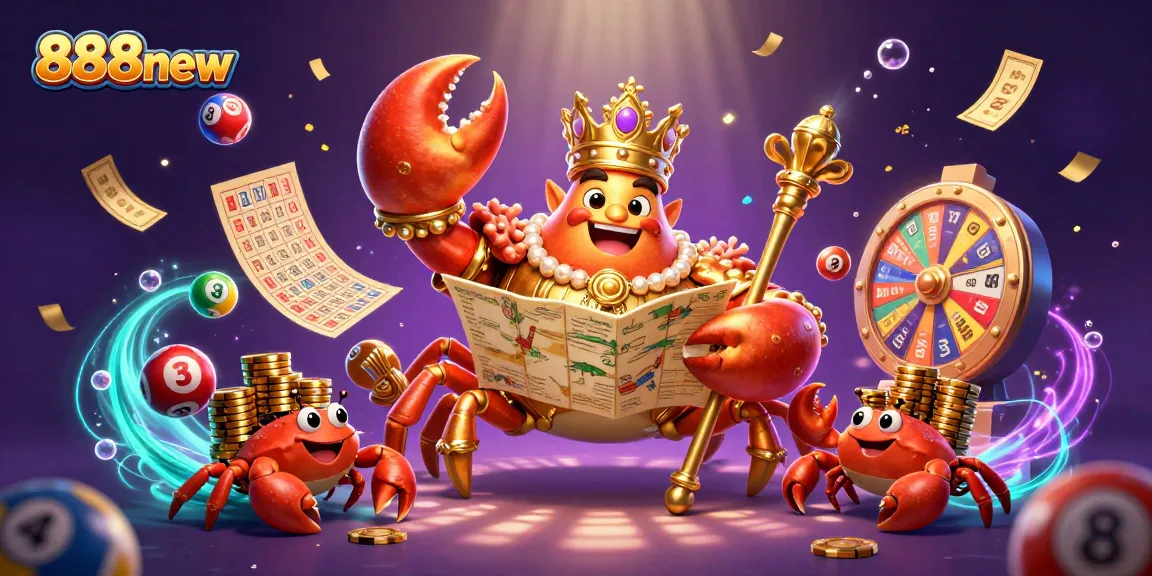 Engage with 888new as the crab emperor oversees a vibrant lottery game scene filled with excitement.