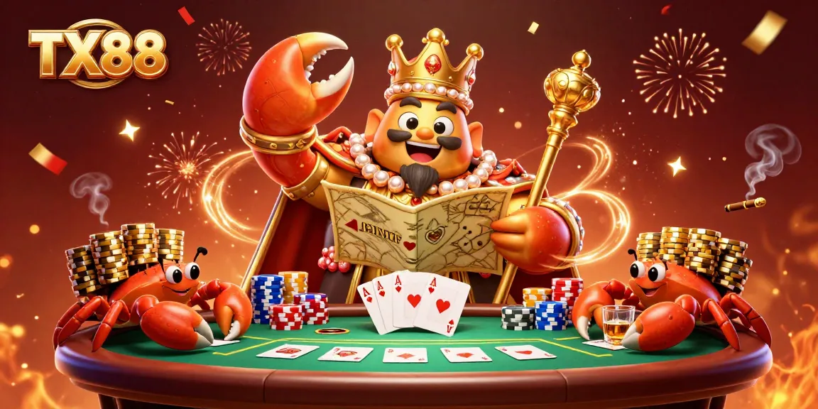 Join TX88's golden crab emperor in a lively casino scene filled with poker excitement.