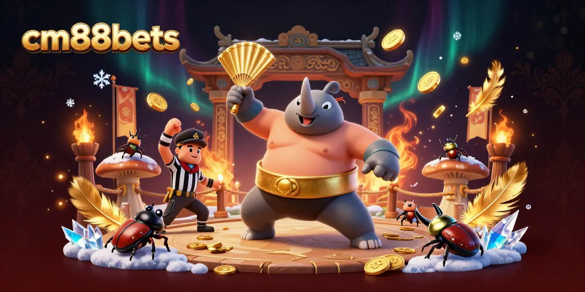 Experience excitement at cm88bets with a 3D illustration of a beetle sumo champion and whimsical betting elements.