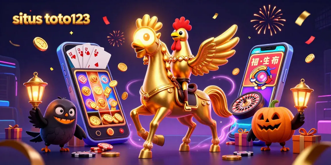 Play exciting games on situs toto123 with a golden rooster character in a vibrant casino.