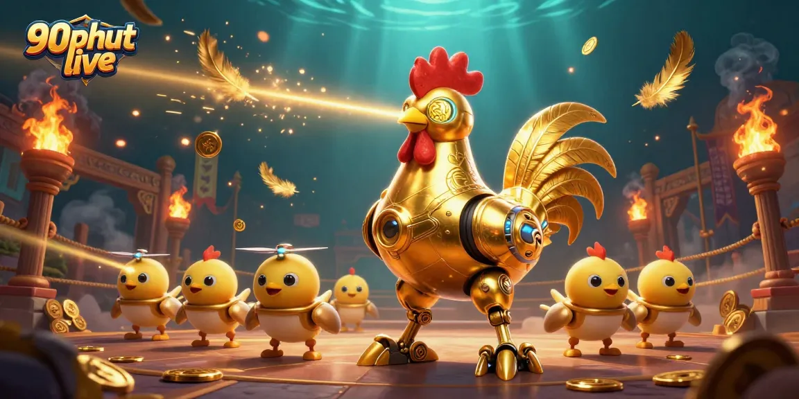 Experience 90phut live action with a golden rooster robot and chicks in an explosive betting arena scene.