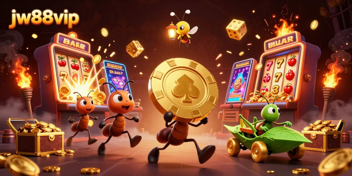 Experience the excitement of jw88vip gaming as a team of cartoon ants carries a giant poker chip in a rich, vibrant casino scene.