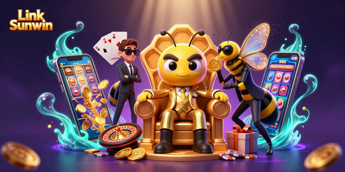 Engage in thrilling games with Link Sunwin featuring slots, poker, and roulette in a vibrant scene.