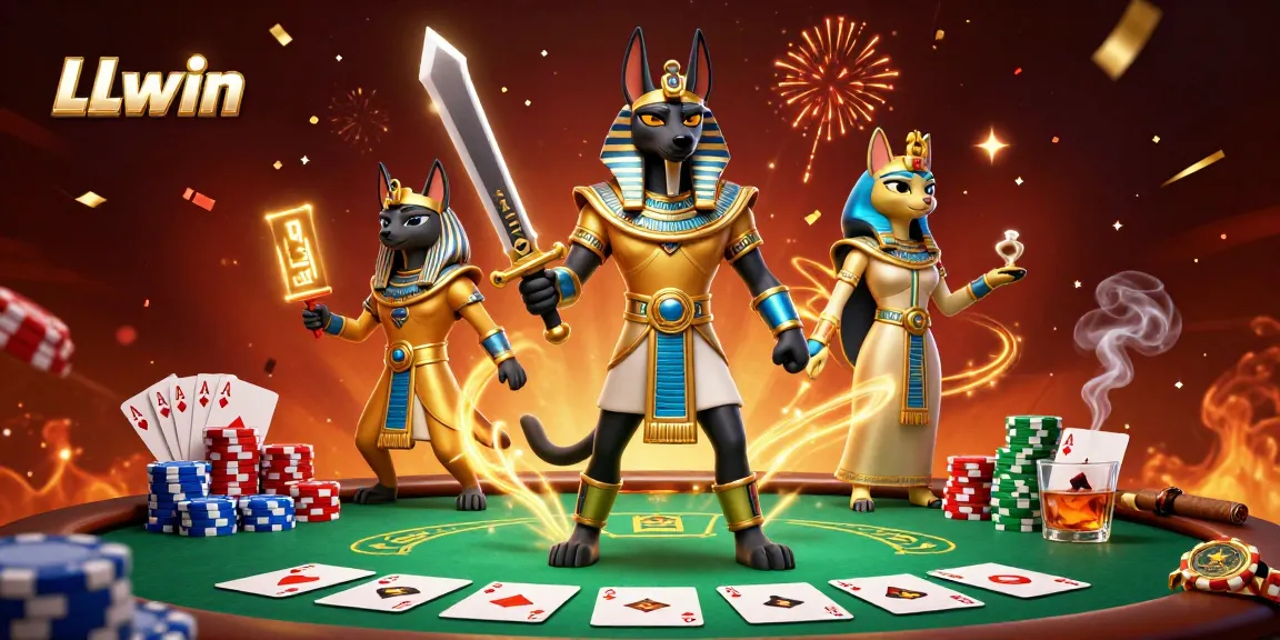 Experience LLwin's vibrant gaming scene with Anubis, poker chips, and festive elements!