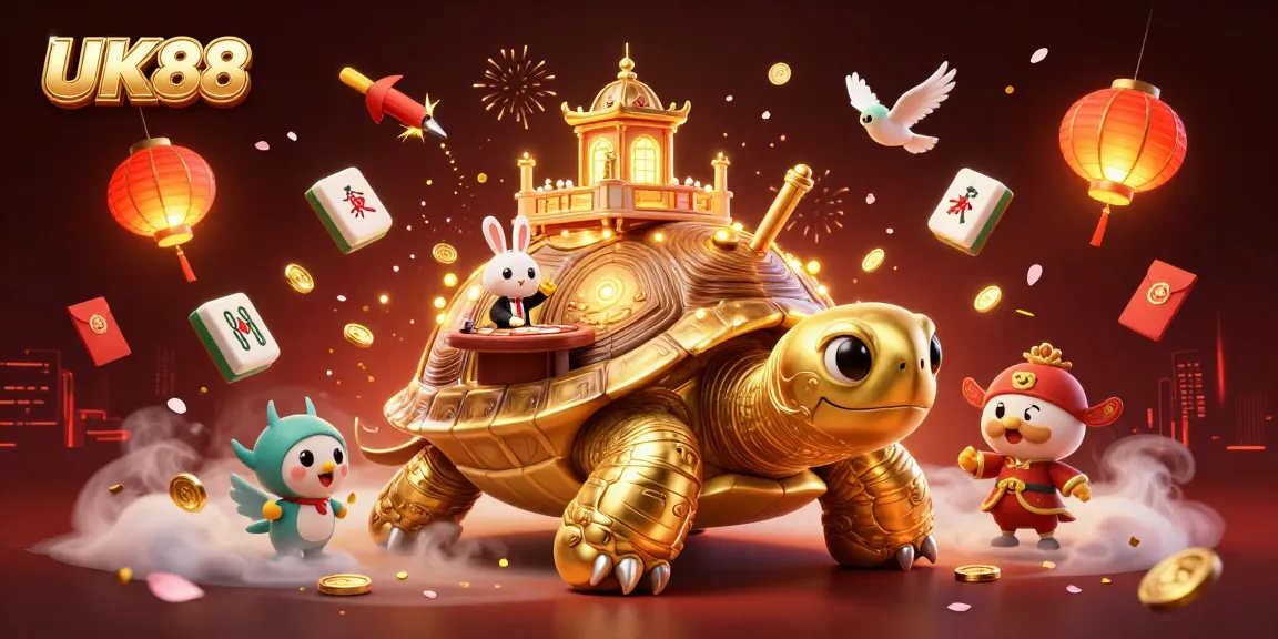 Experience UK88's vibrant gaming scene with a golden tortoise casino, lively dealer, and fortune elements.