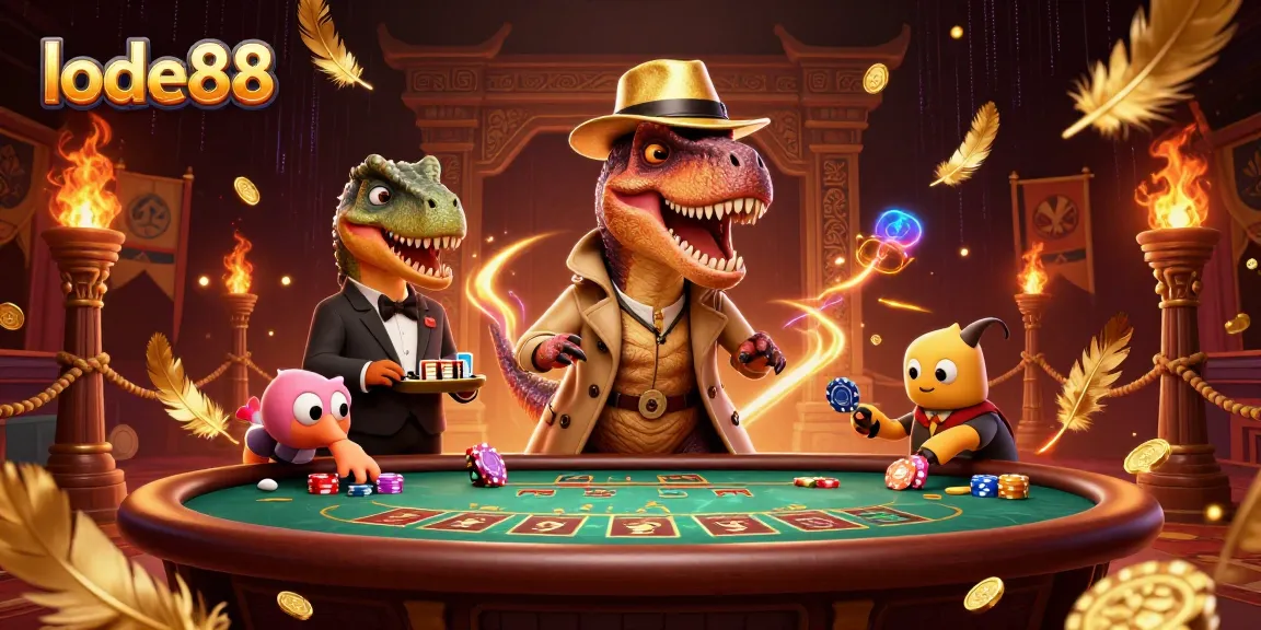 lode88 entertains with a velociraptor card counter and stegosaurus pit boss in a vibrant casino scene.