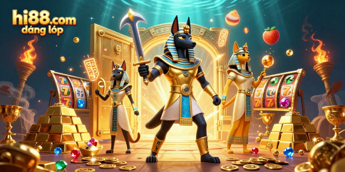 Experience excitement at hi88.com đăng nhập with Anubis and Bastet amidst treasures and slot games.