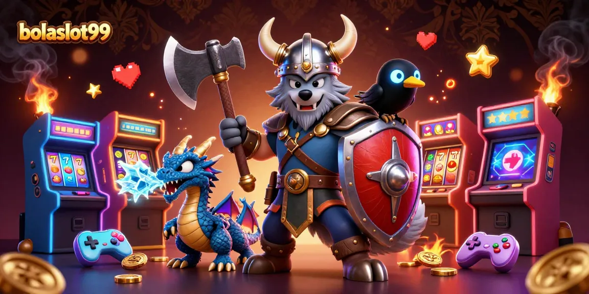 Engage with thrilling slots at bolaslot99 featuring a Viking warrior and dragon in a colorful scene.