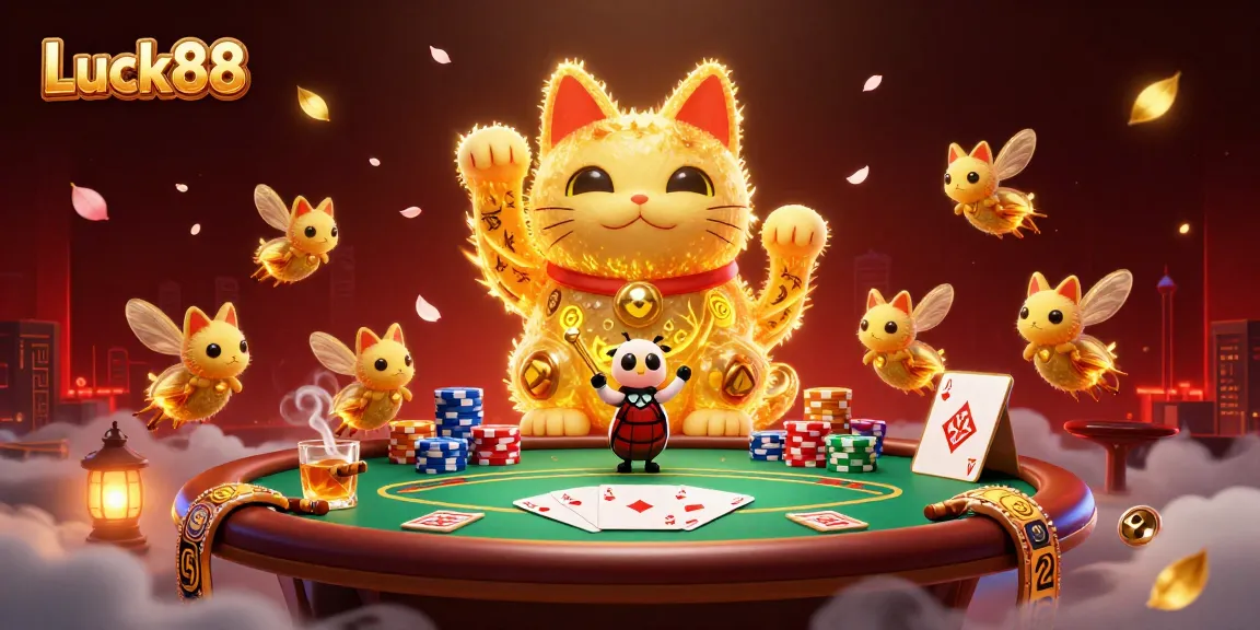 Experience Luck88's dynamic gameplay with a lucky cat and vibrant casino elements in action.