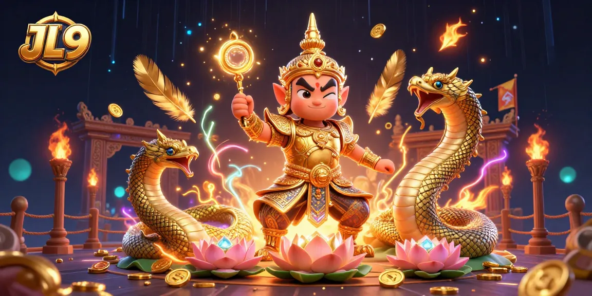 Bet on JL9's exciting features with a vibrant 3D depiction of a Thai guardian, Naga serpents, and dynamic game elements.