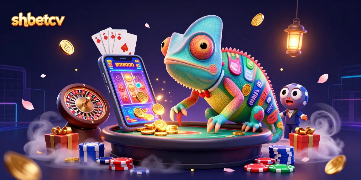 Experience the shbetcv casino world with a vibrant chameleon owner surrounded by dynamic gaming elements.
