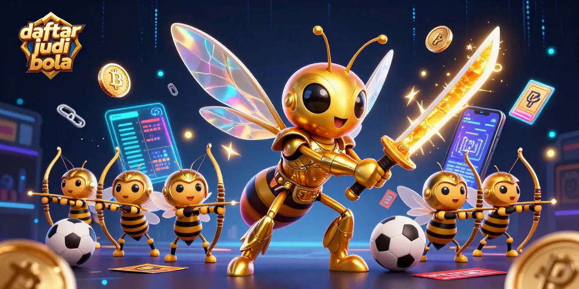 Bettors review daftar judi bola with a dynamic 3D illustration showcasing sports elements and crypto themes.