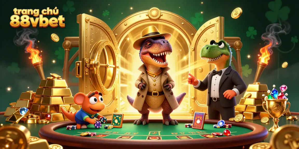 Experience excitement at trang chủ 88vbet with a playful velociraptor at the blackjack table amidst gold and gems.