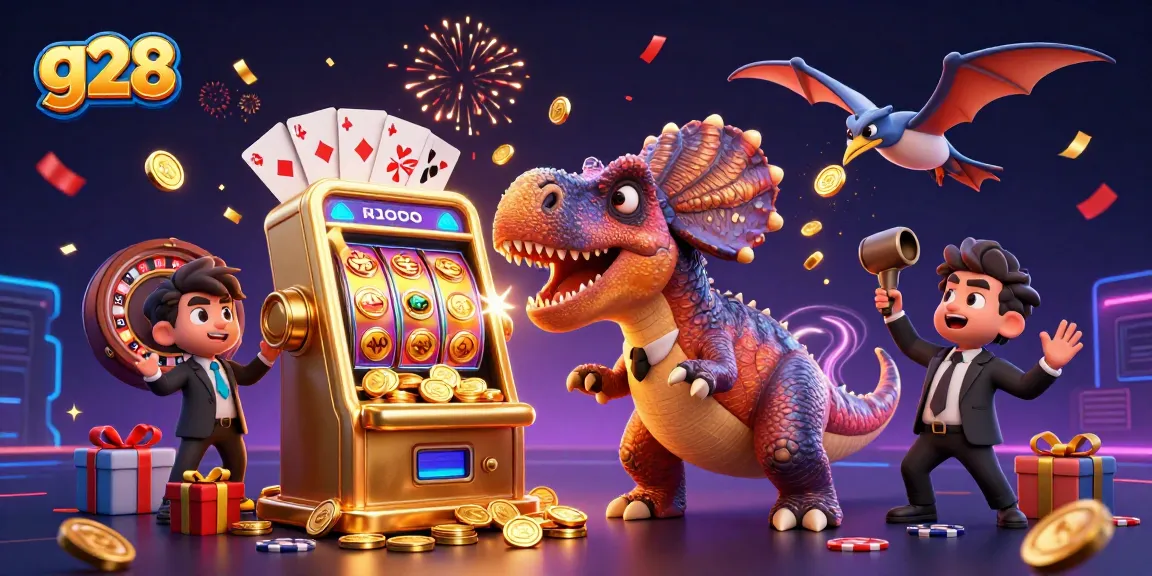 g28 pachycephalosaurus celebrates jackpot coins while a casino manager and pteranodon catch coins