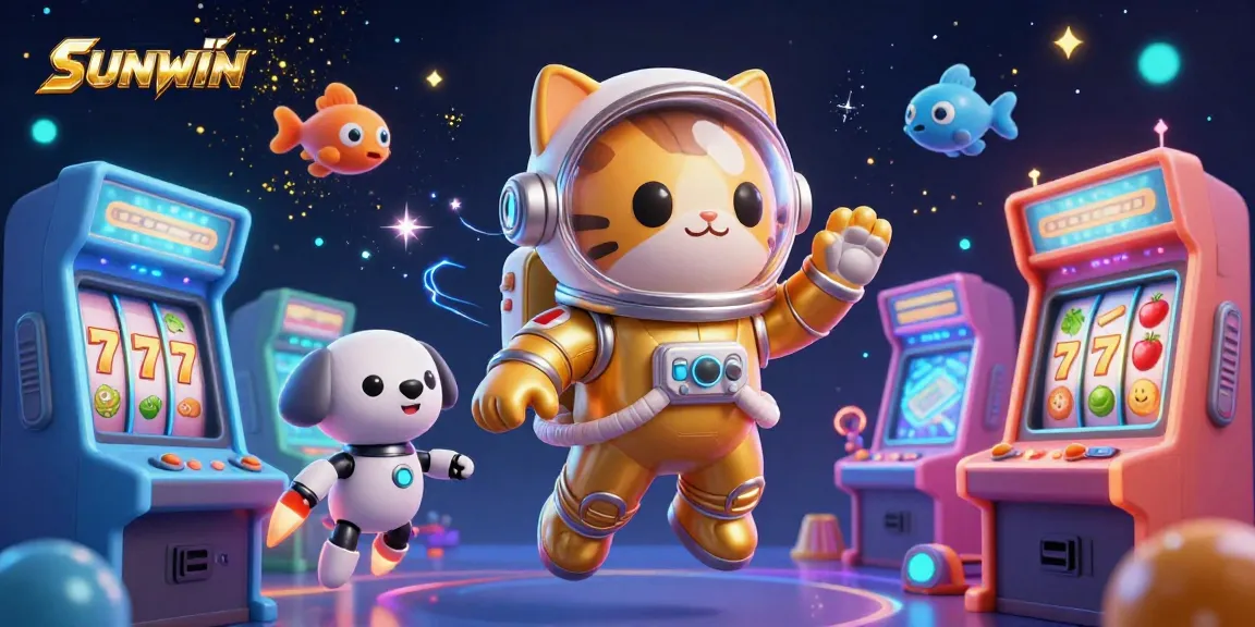 SUNWIN casino adventure featuring a golden astronaut cat and robot dog amidst cosmic game elements.