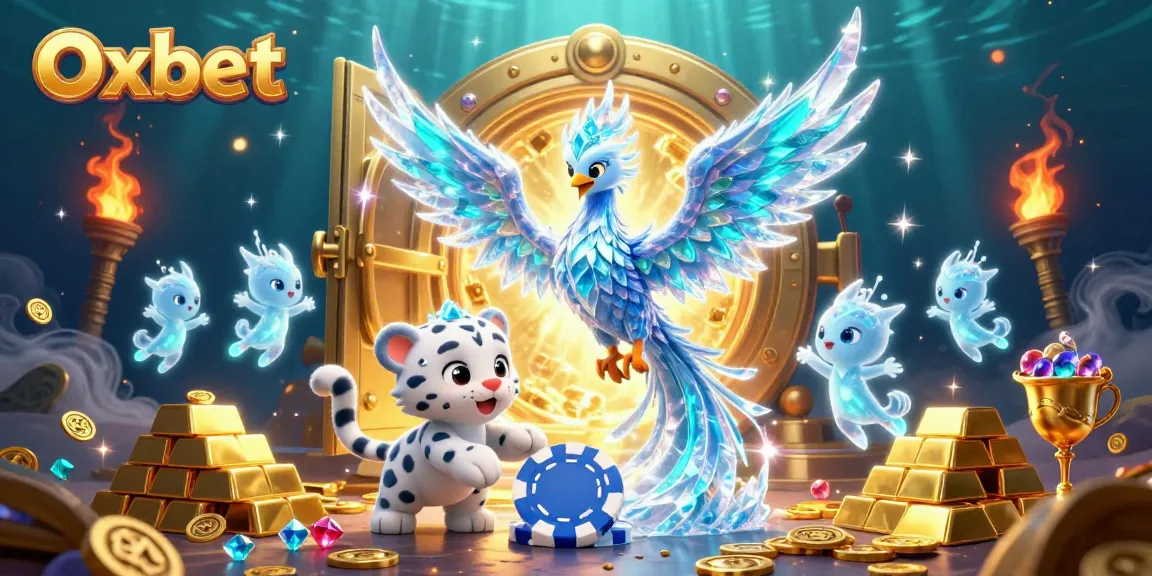 Oxbet illustration shows an ice phoenix and snow leopard cub amidst dazzling casino treasures.