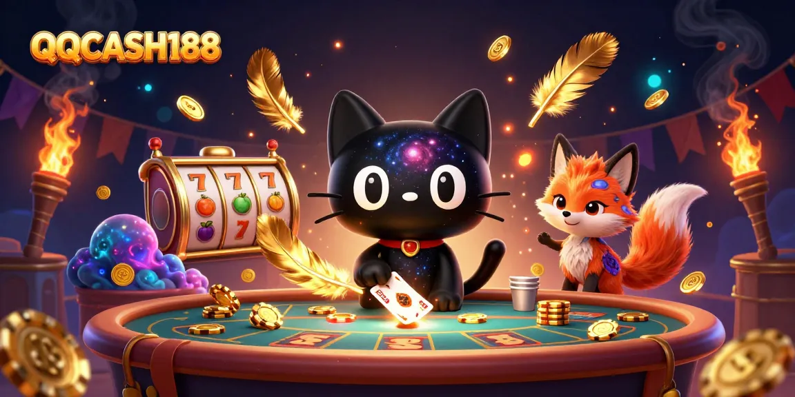 Experience thrilling gameplay at QQCASH188 with golden chips and vibrant slot symbols in a cosmic casino.