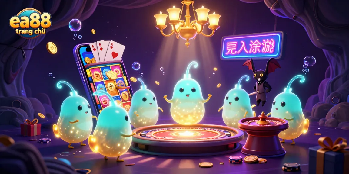 Experience captivating gaming with ea88 trang chủ, featuring glowworms and a bat dealer in a lively casino scene.