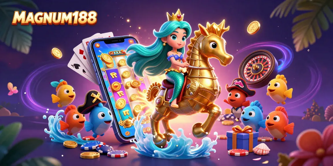 Experience big wins with MAGNUM188; a magical scene of a mermaid princess and casino fun.