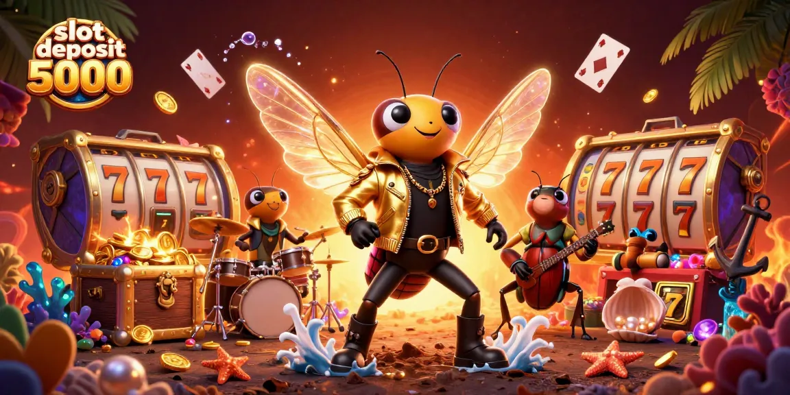 Experience thrilling action with slot deposit 5000 in this vibrant casino illustration featuring rock star cicadas.