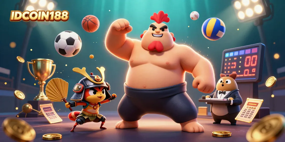 IDCOIN188 showcases dynamic 3D cartoon characters in a vibrant gaming scene filled with sports elements.
