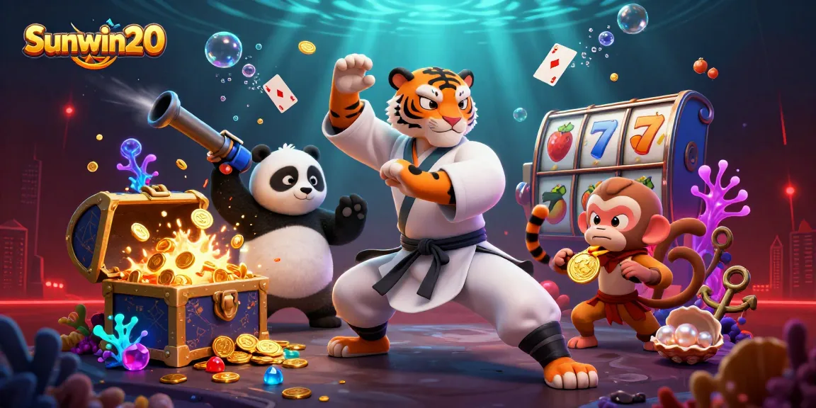 Sunwin20 showcases a dynamic 3D cartoon image of kung fu characters in a vibrant casino scene.