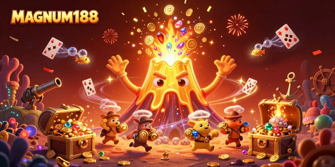 Win big with MAGNUM188 as the golden volcano celebrates treasure hunting adventures in the casino.