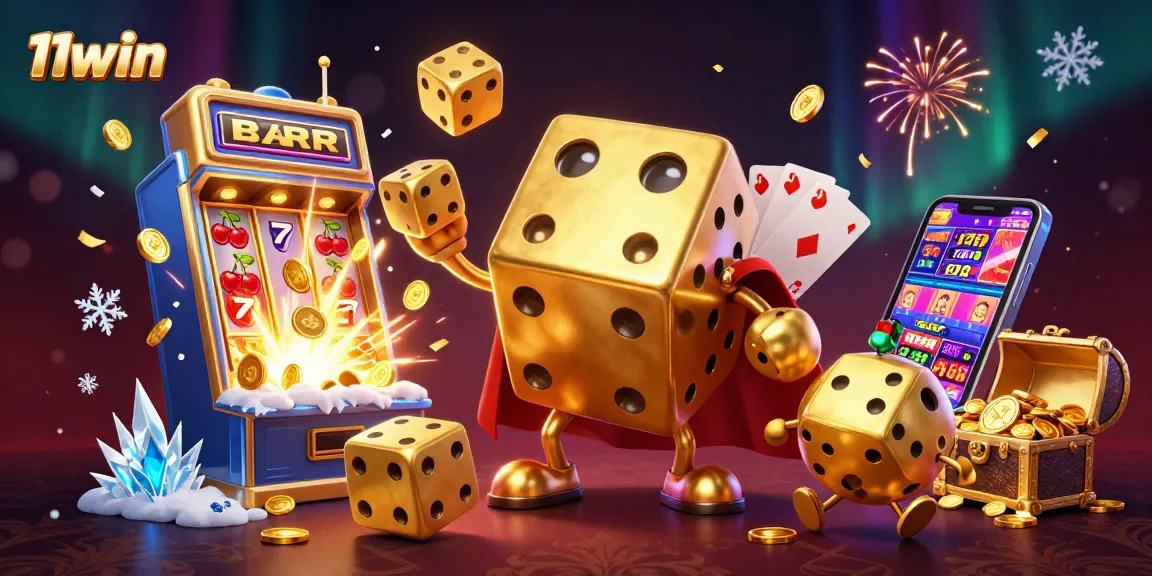 Experience thrilling gameplay with 11win’s vibrant 3D casino scene showcasing golden dice and a jackpot.