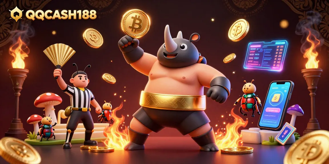 Experience the excitement of QQCASH188 with a dynamic illustration of a sumo beetle champion and crypto elements.