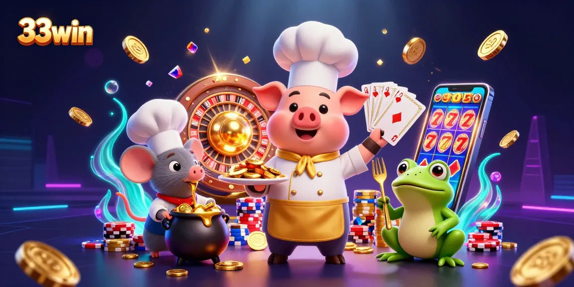 Experience thrilling gaming at 33win with a vibrant 3D casino scene full of gold, coins, and excitement.