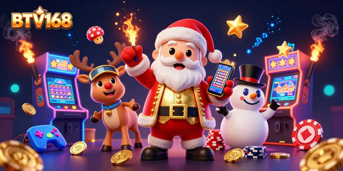 BTV168 Santa Claus wins jackpot in a vibrant casino scene with arcade machines and festive characters