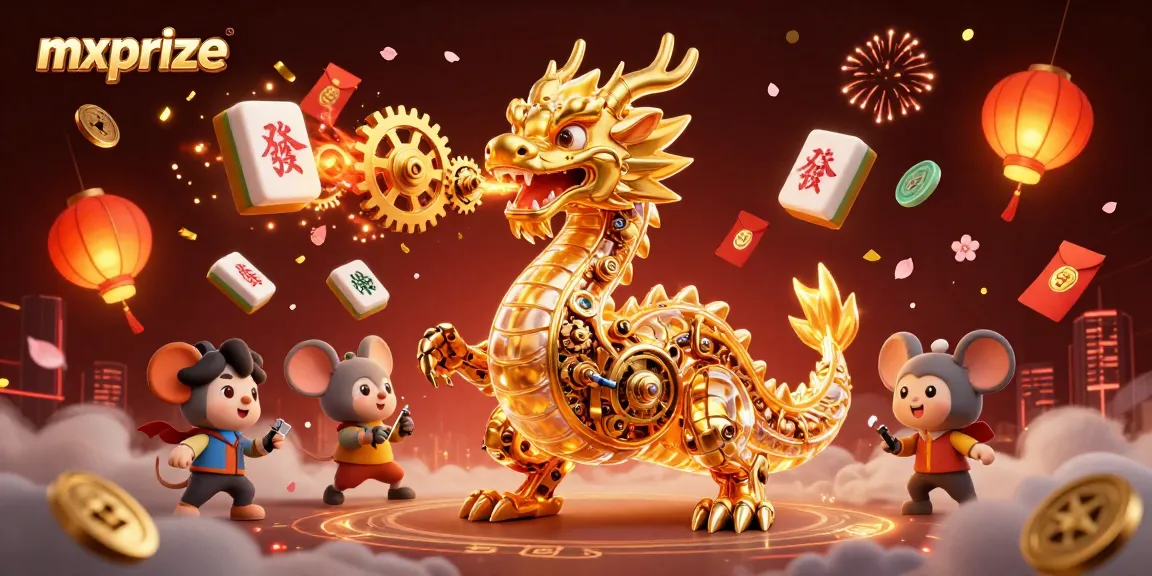 Experience winning chances with mxprize as a mechanical dragon breaths gears in vivid illustration.