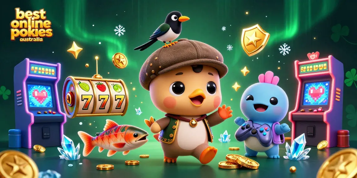 Engage with the best online pokies Australia through vibrant 3D characters in a casino-themed illustration.