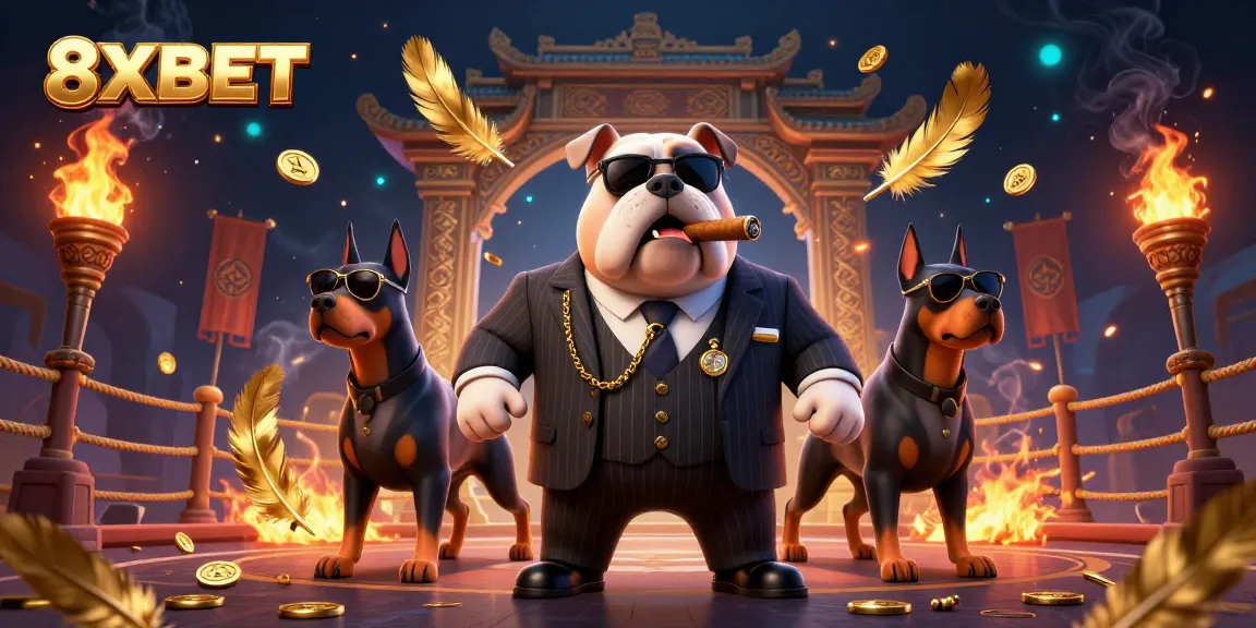 Engage in thrilling gameplay with 8XBET's vibrant casino scene featuring a mafia boss and bodyguards.