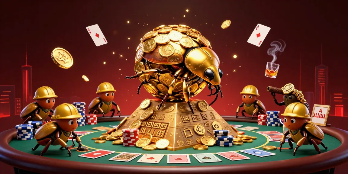 Experience the thrill of 98wincom as a golden beetle rolls a coin ball in a vibrant casino scene.