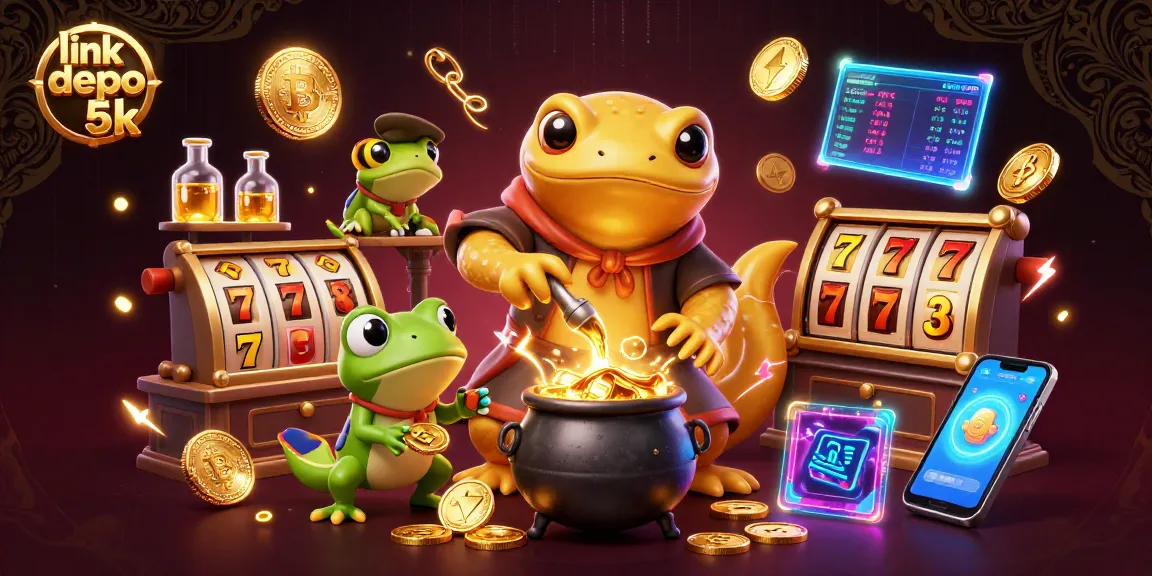 Experience thrilling gameplay with link depo 5k and dynamic slot characters in a vibrant casino illustration.