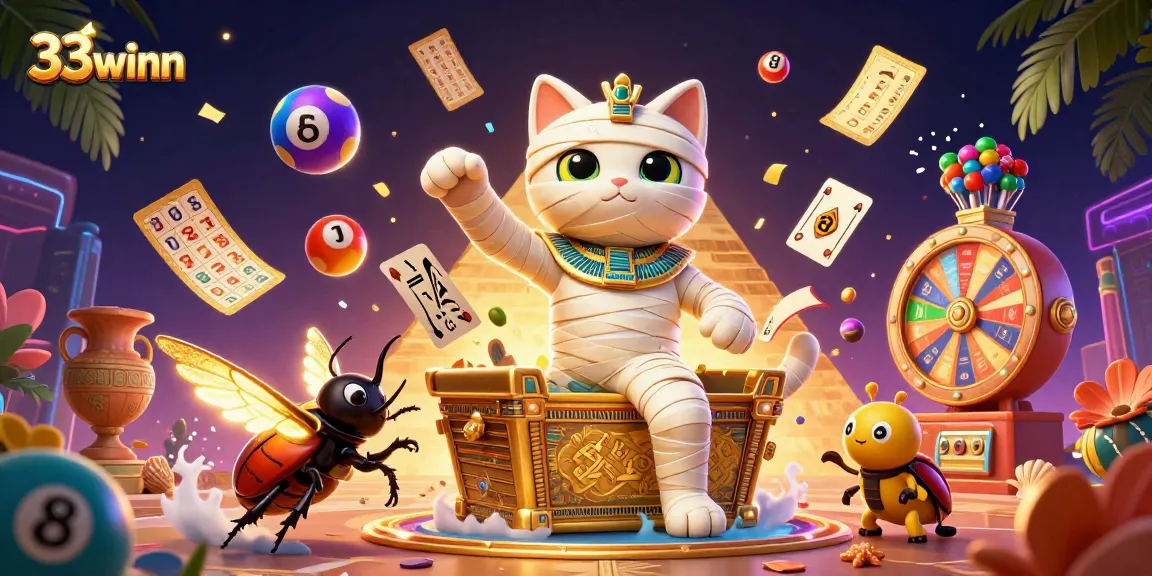 Feel the thrill with 33winn as the Egyptian mummy cat emerges in a vibrant casino scene.
