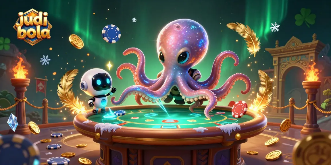 Experience exciting judi bola action at a vibrant, futuristic poker table with unique characters and elements