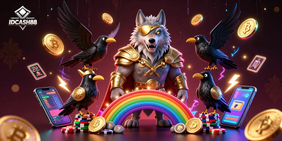 Engage with IDCASH88 in a vibrant casino scene featuring a Norse-themed wolf, ravens, and iconic crypto elements.