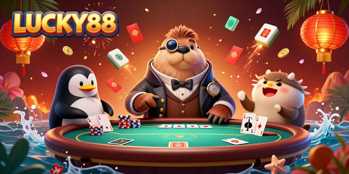 Join the action at LUCKY88 with this vibrant underwater poker scene featuring detailed characters and casino elements.