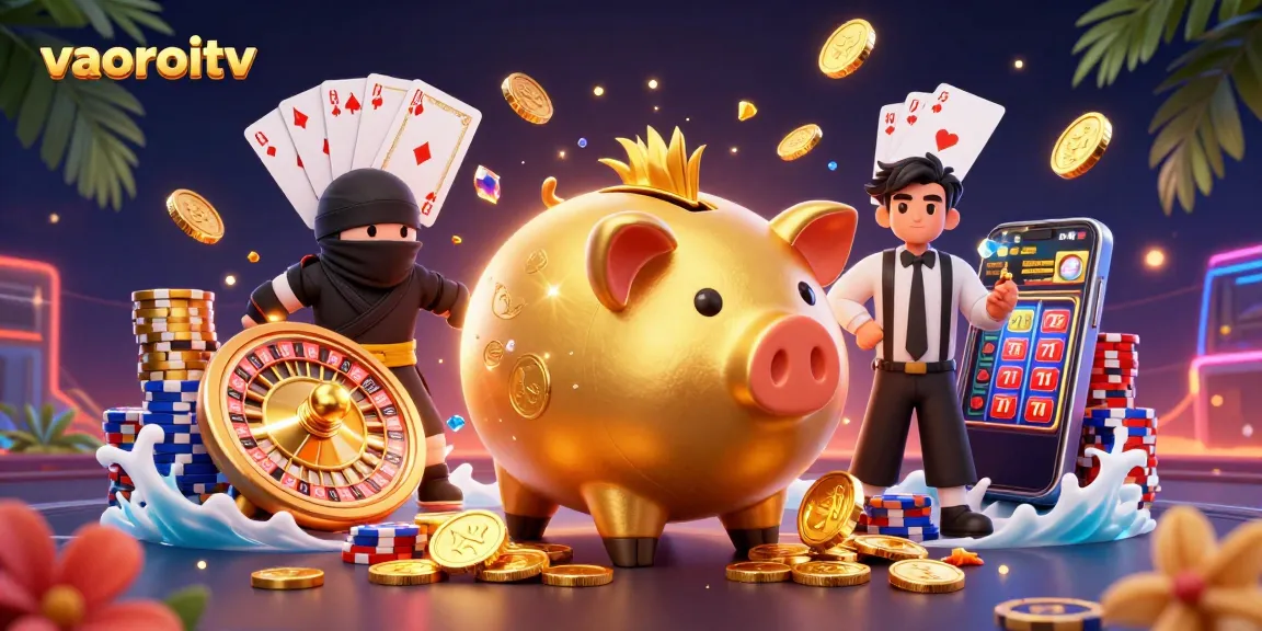 vaoroitv showcases a dynamic casino scene with a piggy bank wrestler, vibrant coins, and game elements.