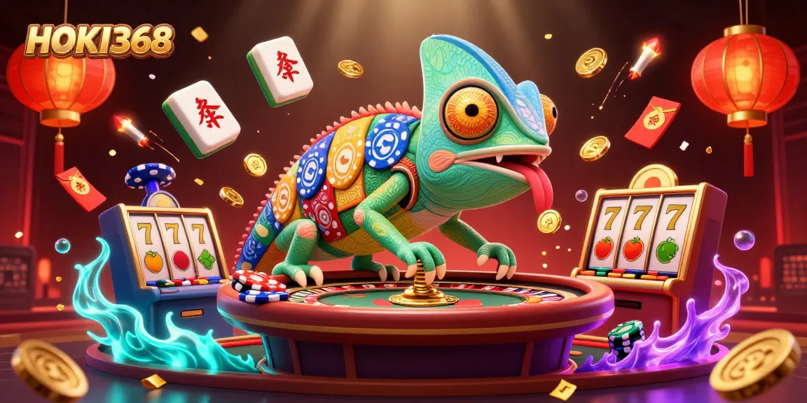 Win big with HOKI368 as a colorful chameleon watches vibrant casino games!